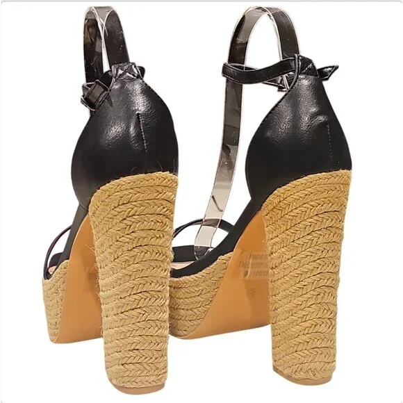 Black Platform High Heel Sandals With Woven Straw Sole & Ankle Strap Heel Chic - Picture 7 of 9